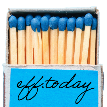 Matches with blue tips in a matchbox labeled 'eff.today'